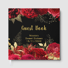 Livro De Visitas Elegant Red and Gold Flowers Sweet Sixteen