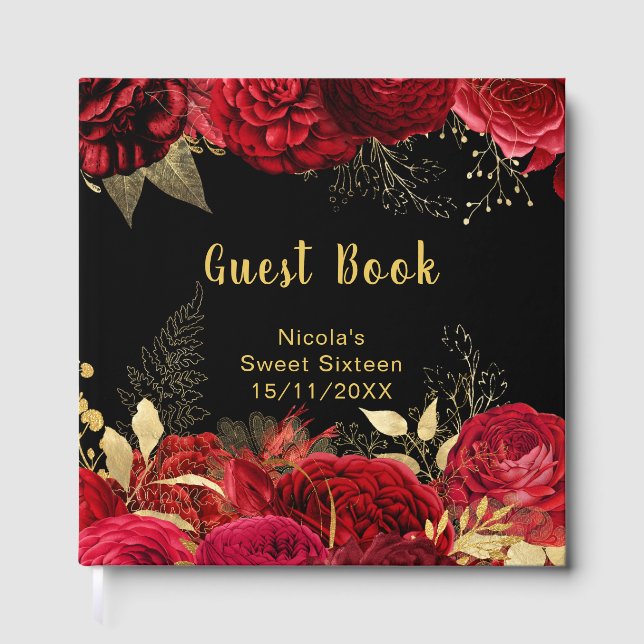 Livro De Visitas Elegant Red and Gold Flowers Sweet Sixteen (Frente)