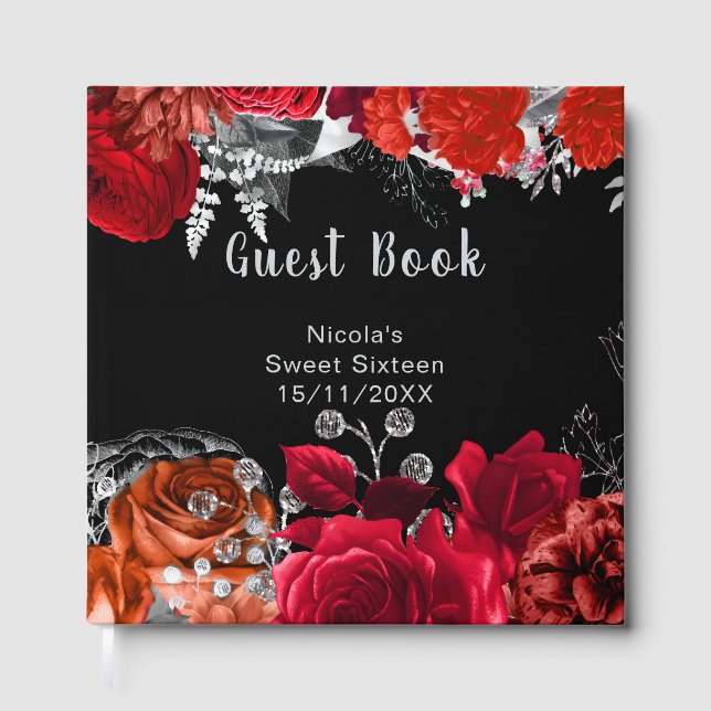Livro De Visitas Elegant Red and Silver Flowers Sweet Sixteen (Frente)