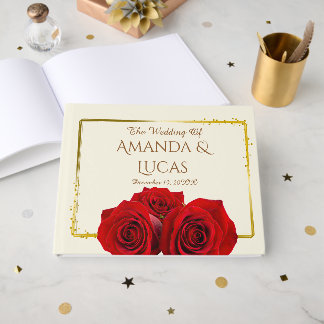 Livro De Visitas Elegant Red Roses and Gold Frame Cream Wedding