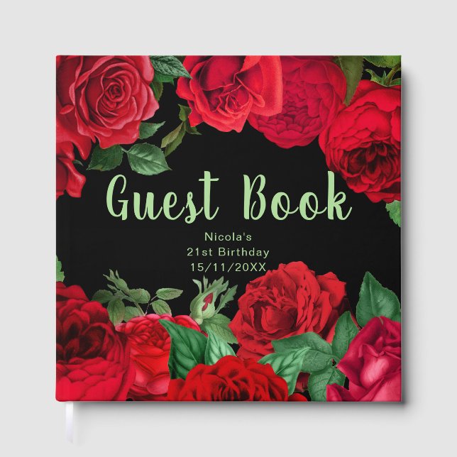 Livro De Visitas Elegant Red Roses Flowers Birthday Party (Frente)