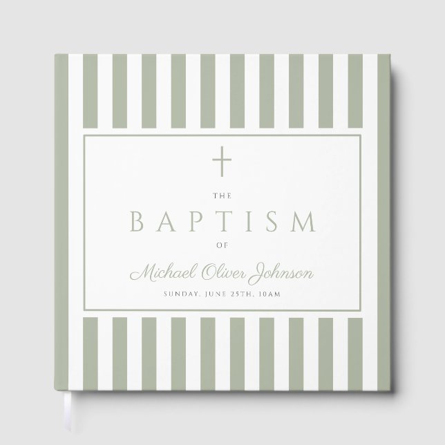 Livro De Visitas Elegant Religious Sage Green Stripes Baptism (Frente)