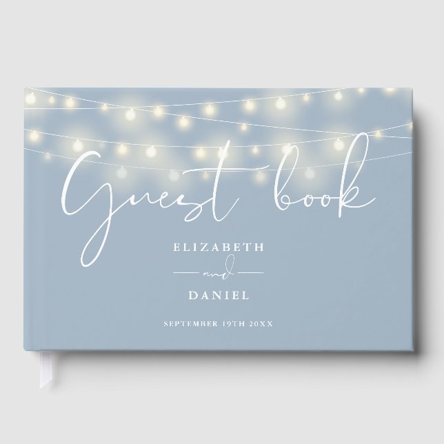 Livro De Visitas Elegant String Lights Dusty Blue Wedding (Frente)