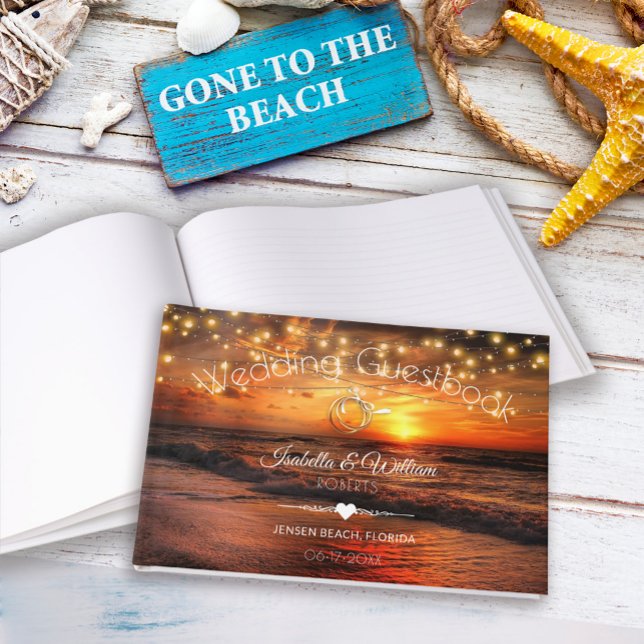 Livro De Visitas Elegant Sunset Beach String Lights Summer Wedding (Criador carregado)
