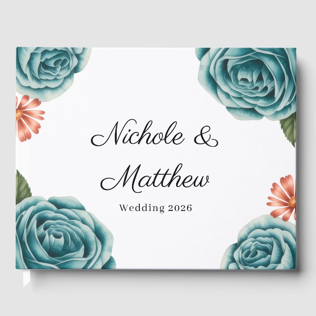Livro De Visitas Elegant Teal Rose & Orange Daisey Wedding (Frente)