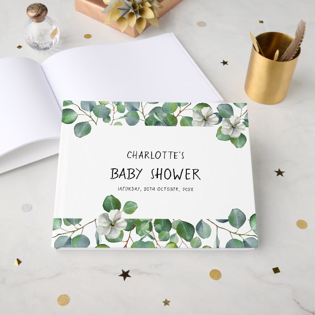 Livro De Visitas Elegant Watercolor Eucalyptus Baby Shower (Frente aberta)