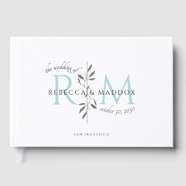 Livro De Visitas Elegant Wedding Aqua Botanical Monogram (Frente)