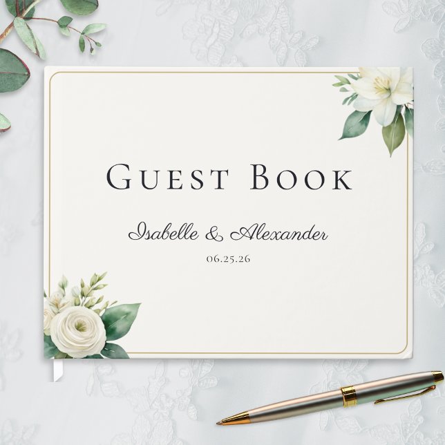 Livro De Visitas Elegant White Floral and Greenery Custom Wedding (An elegant wedding guest book with custom names and date, with white floral motifs and greenery)