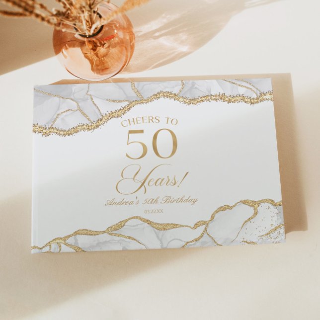 Livro De Visitas Elegant White Gold Agate 50th Birthday Party (Criador carregado)
