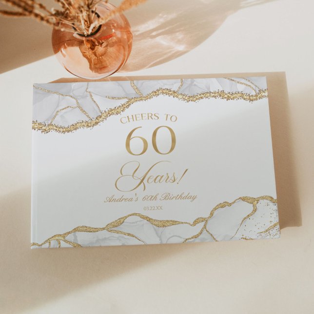 Livro De Visitas Elegant White Gold Agate 60th Birthday Party (Criador carregado)