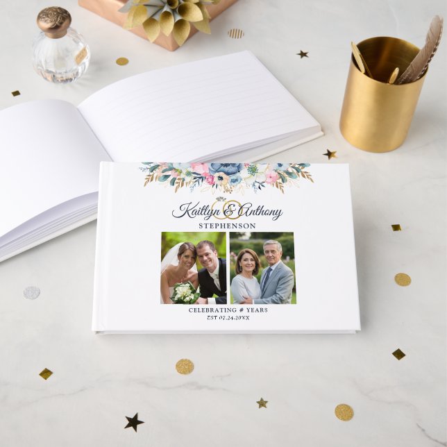 Livro De Visitas Elegante Aniversário Aquarela Floral 2 Fotos (Frente aberta)