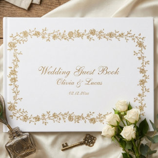Livro De Visitas Elegante Assinatura Floral Branco e Dourado Real