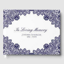 Livro De Visitas Elegante Azul Floral Renda Funeral Memorial Vintag