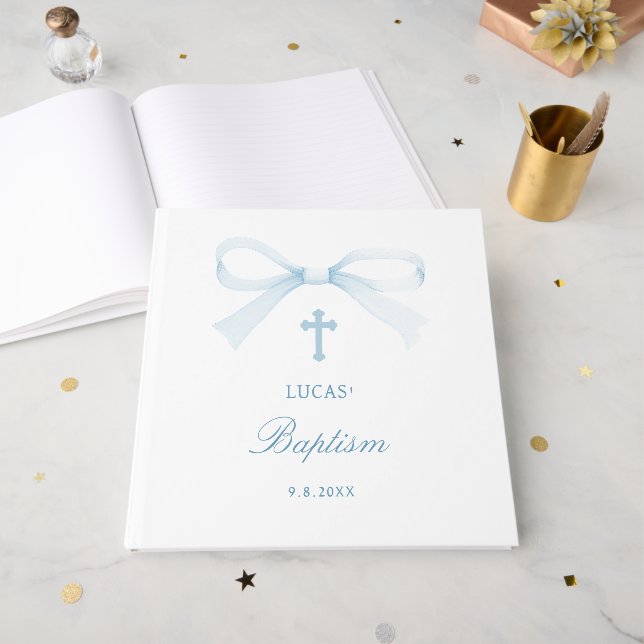 Livro De Visitas Elegante Batismo de Arco Azul Aquarela (Frente aberta)
