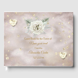 Livro De Visitas Elegante Bege Dourado Branco Rosa Corações Rosa Fl