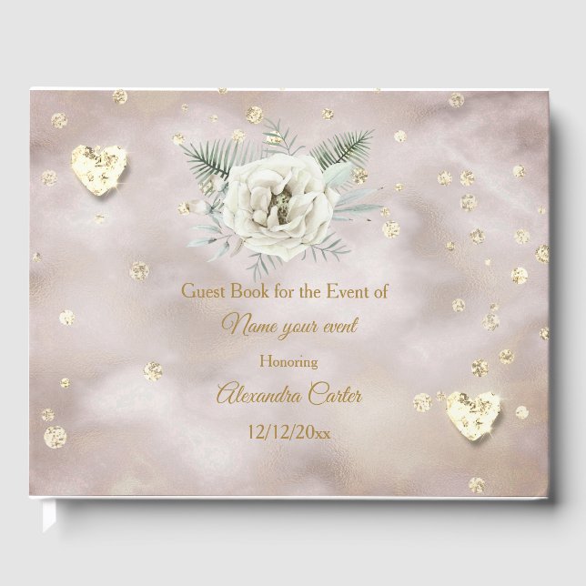 Livro De Visitas Elegante Beige Dourado White Rose Hearts Rosa Flor (Frente)