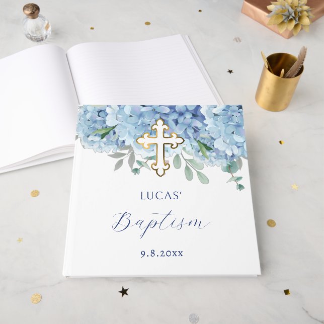 Livro De Visitas Elegante Blue Hydrangea Baptism (Frente aberta)