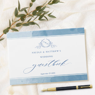 Livro De Visitas Elegante Blue Watercolor Monograma Boo Convidado