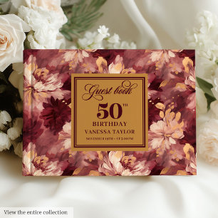 Livro De Visitas Elegante Borgonha Blush Dourado Floral 50º Anivers