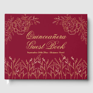 Livro De Visitas Elegante Borgonha Dourada Quinceanera Floral