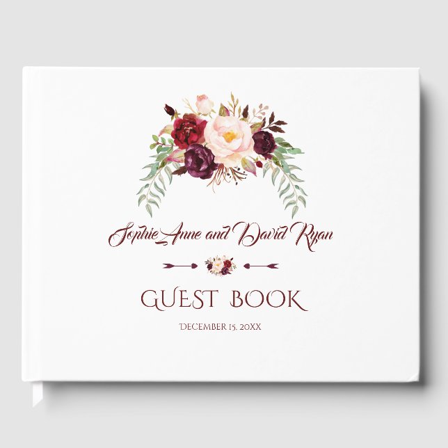 Livro De Visitas Elegante Burgundy Marsala Planner Floral Casamento (Frente)