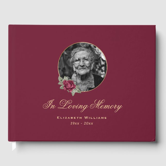 Livro De Visitas Elegante Burgundy Rosa Dourada Foto Funeral Floral (Frente)