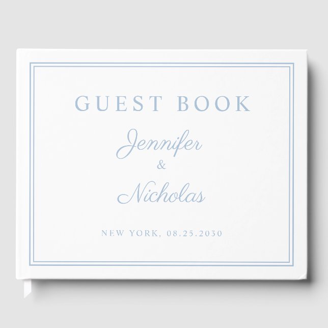 Livro De Visitas Elegante Casamento de Script Azul Pó (Frente)