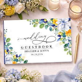 Livro De Visitas Elegante casamento em aquarela floral amarela e az