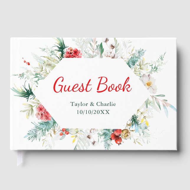 Livro De Visitas Elegante Casamento no inverno Floral Greenery (Frente)