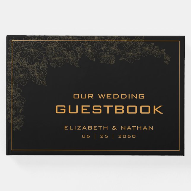 Livro De Visitas Elegante Citação de Casamento Preta Dourada Retro (Frente)