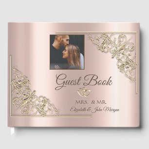 Livro De Visitas Elegante Corações de Ouro Rosa Foto