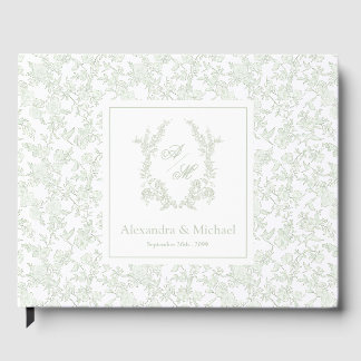 Livro De Visitas Elegante Crista de Monograma Floral em Verde Sálvi