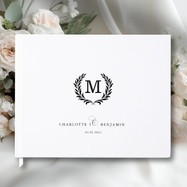 Livro De Visitas Elegante Crista Monograma Casamento Branco (Custom Elegant Crest Monogram Wedding White Guest Book)