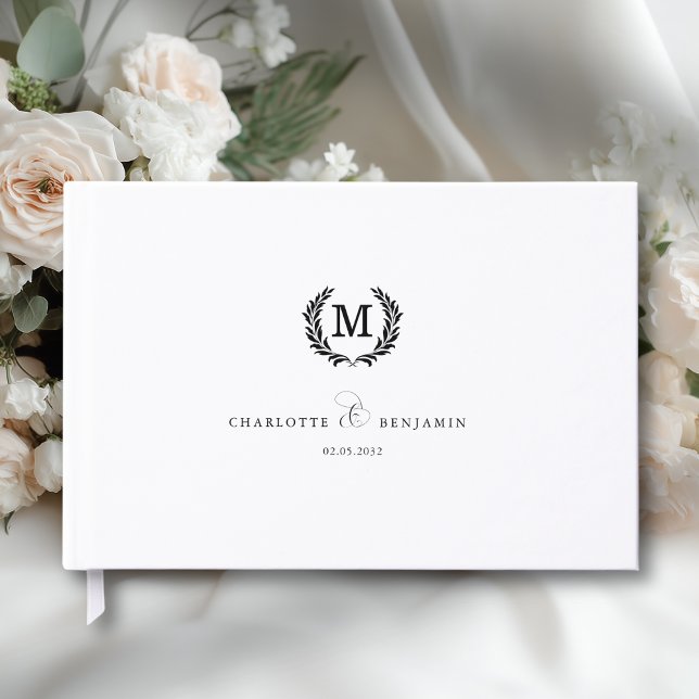 Livro De Visitas Elegante Crista Monograma Casamento Branco (Elegant Crest Monogram Wedding White Guest Book)