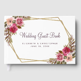 Livro De Visitas Elegante Floral Chic Watercolor de Frame Dourado C