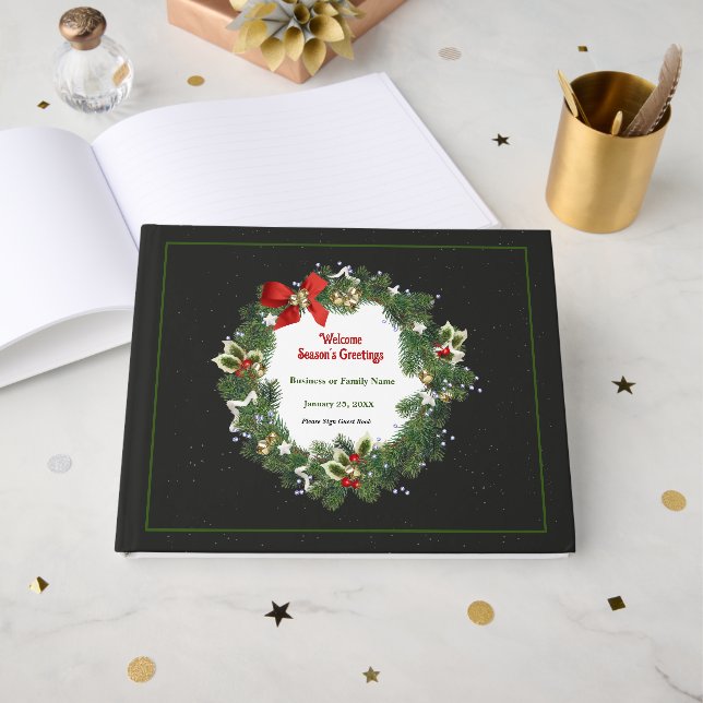 Livro De Visitas Elegante Floral Christmas Wreath Personalize (Frente aberta)