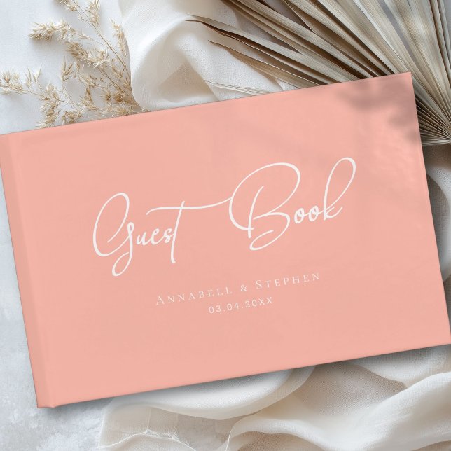 Livro De Visitas Elegante, Letra Script, Coral-Peach, Casamento (Elegant, Script Font, Coral-Peach, Wedding Guest Book)