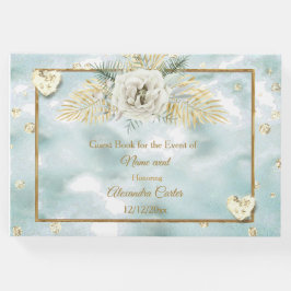 Livro De Visitas Elegante Mint Teal Blue Marble Rosa Floral