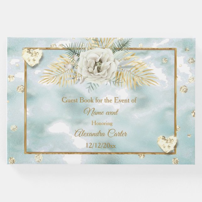 Livro De Visitas Elegante Mint Teal Blue Marble Rosa Floral (Frente)