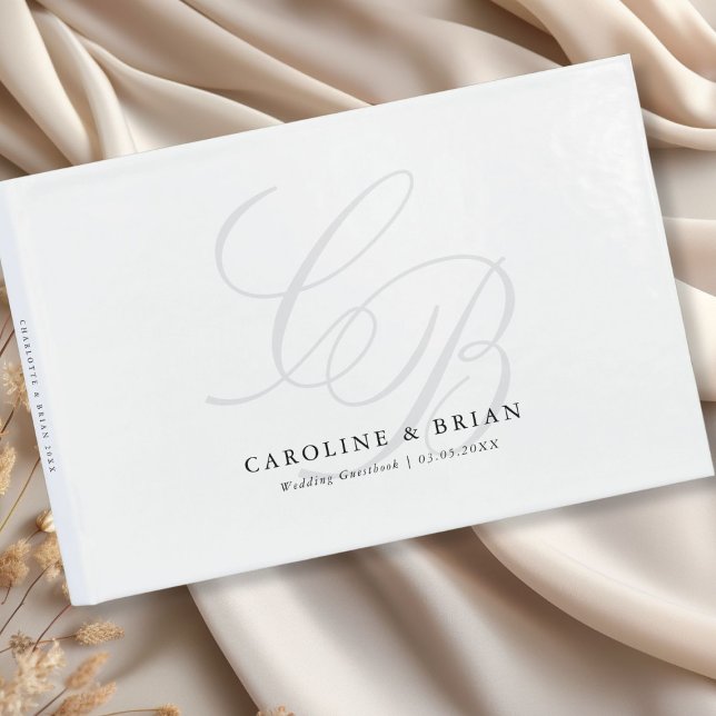 Livro De Visitas Elegante, Monograma, Casamento (Elegant, Monogram, White, Wedding Guest Book with your name & date.)