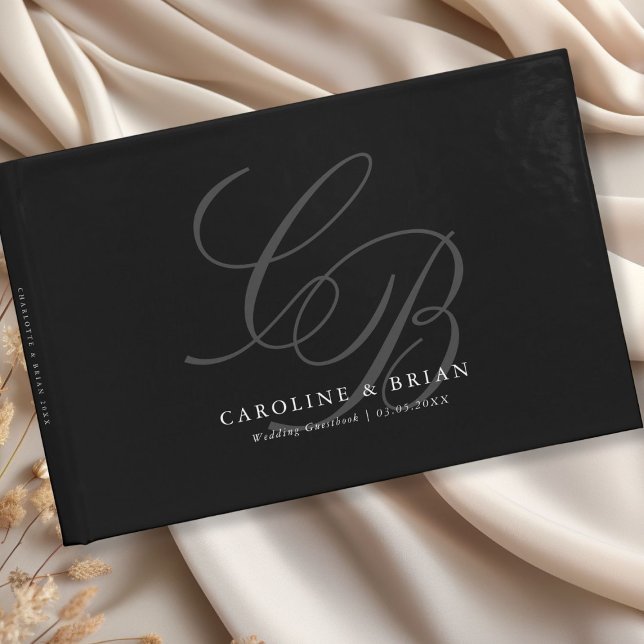 Livro De Visitas Elegante, Monograma, Casamento (Elegant, Monogram, Black Wedding Guest Book with your name & date.)