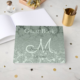 Livro De Visitas Elegante Monograma de Casamento em Verde Sage Past