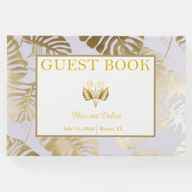 Livro De Visitas Elegante Monstera Gilded Dourado Wedding Guest Boo (Frente)
