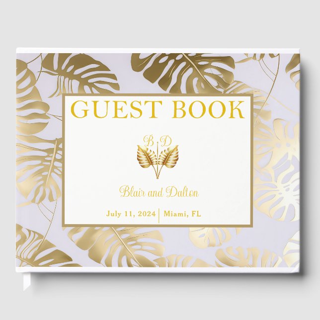 Livro De Visitas Elegante Monstera Gilded Dourado Wedding Guest Boo (Frente)