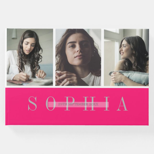 Livro De Visitas Elegante Personal 3 Photo Bat Mitzvah Rosa (Frente)