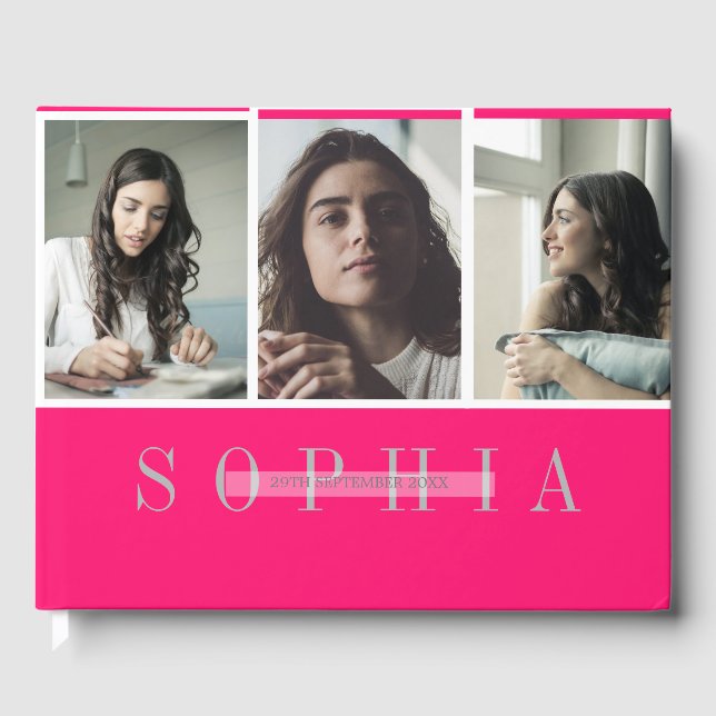 Livro De Visitas Elegante Personal 3 Photo Bat Mitzvah Rosa (Frente)