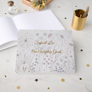 Livro De Visitas Elegante Pó Rosa Cinza Floral Desenhado à Mão Casa