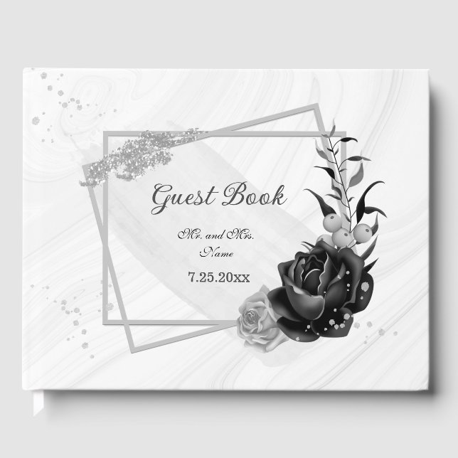 Livro De Visitas elegante prata e flores pretas botânicas (Frente)