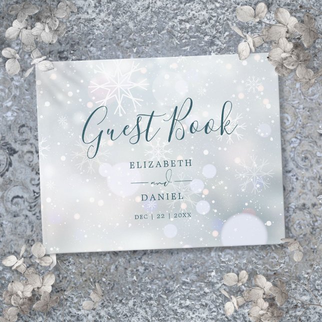 Livro De Visitas Elegante Roteiro de Inverno Mágico Casamento na Ne (Winter Wonderland Elegant Script Snow Wedding Guest Book)