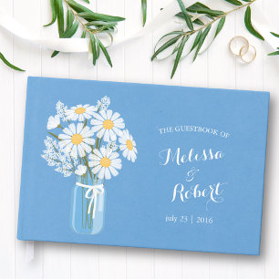 Livro De Visitas Elegante Rustic Mason Jar Daisies Casando Azul